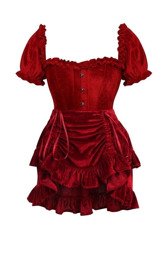 Top Drawer 2 PC Dark Red Velvet Steel Boned Corset w/sleeves & Skirt Set