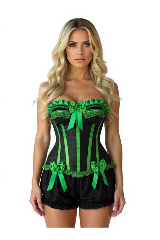 Top Drawer 2 PC Green/Black Burlesque Steel Boned Corset & Bloomer Set