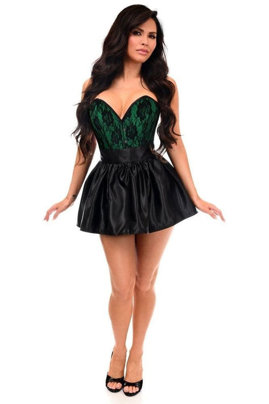 Top Drawer 2 PC Green/Black Lace Steel Boned Corset & Satin Skirt Set