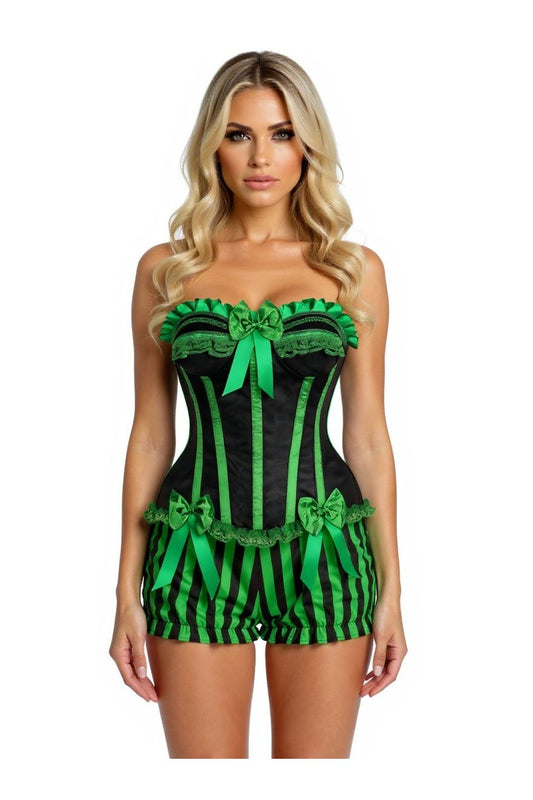 Top Drawer 2 PC Green/Black Striped Burlesque Steel Boned Corset & Bloomer Set