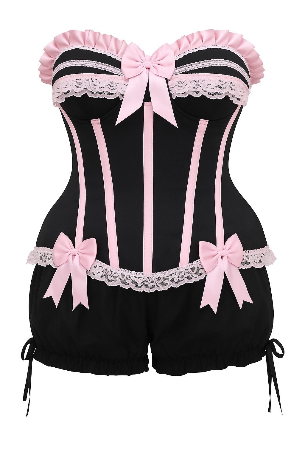 Top Drawer 2 PC Pink/Black Burlesque Steel Boned Corset & Bloomer Set