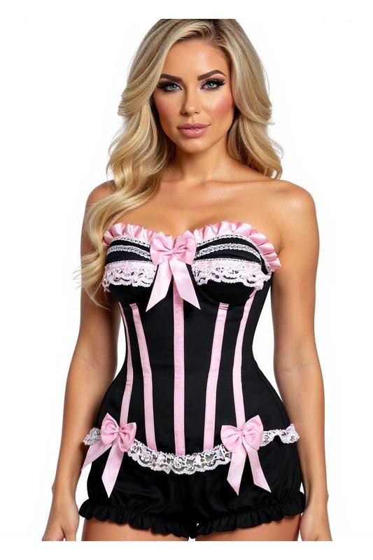 Top Drawer 2 PC Pink/Black Burlesque Steel Boned Corset & Bloomer Set