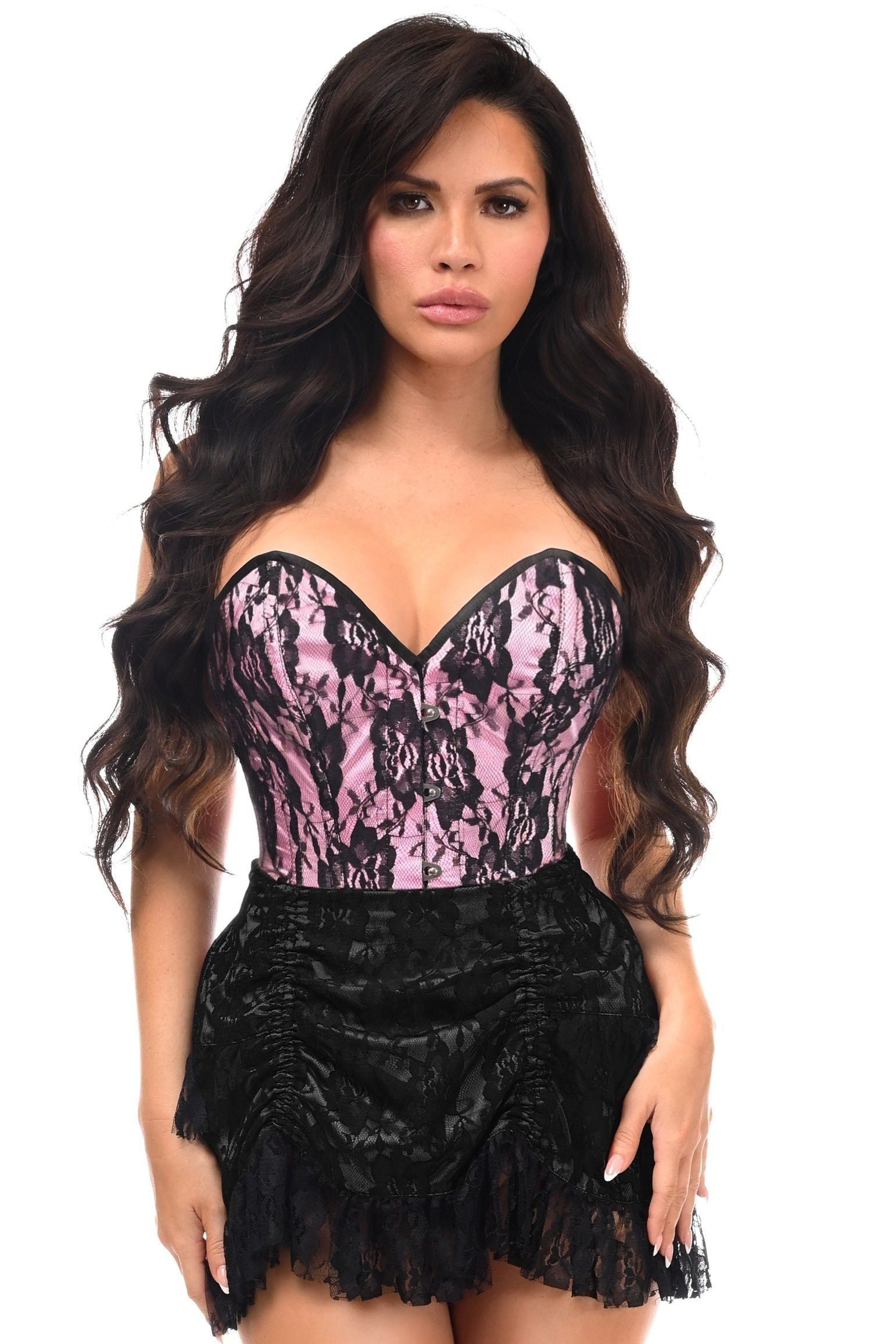 Top Drawer 2 PC Pink/Black Lace Steel Boned Corset & Skirt Set