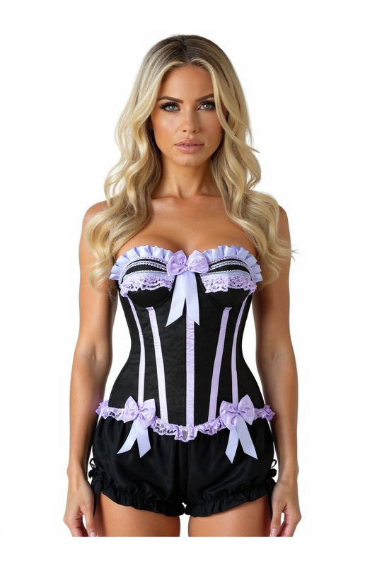 Top Drawer 2 PC Purple/Black Burlesque Steel Boned Corset & Bloomer Set