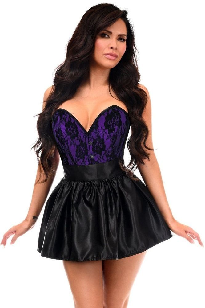 Top Drawer 2 PC Purple/Black Lace Steel Boned Corset & Satin Skirt Set