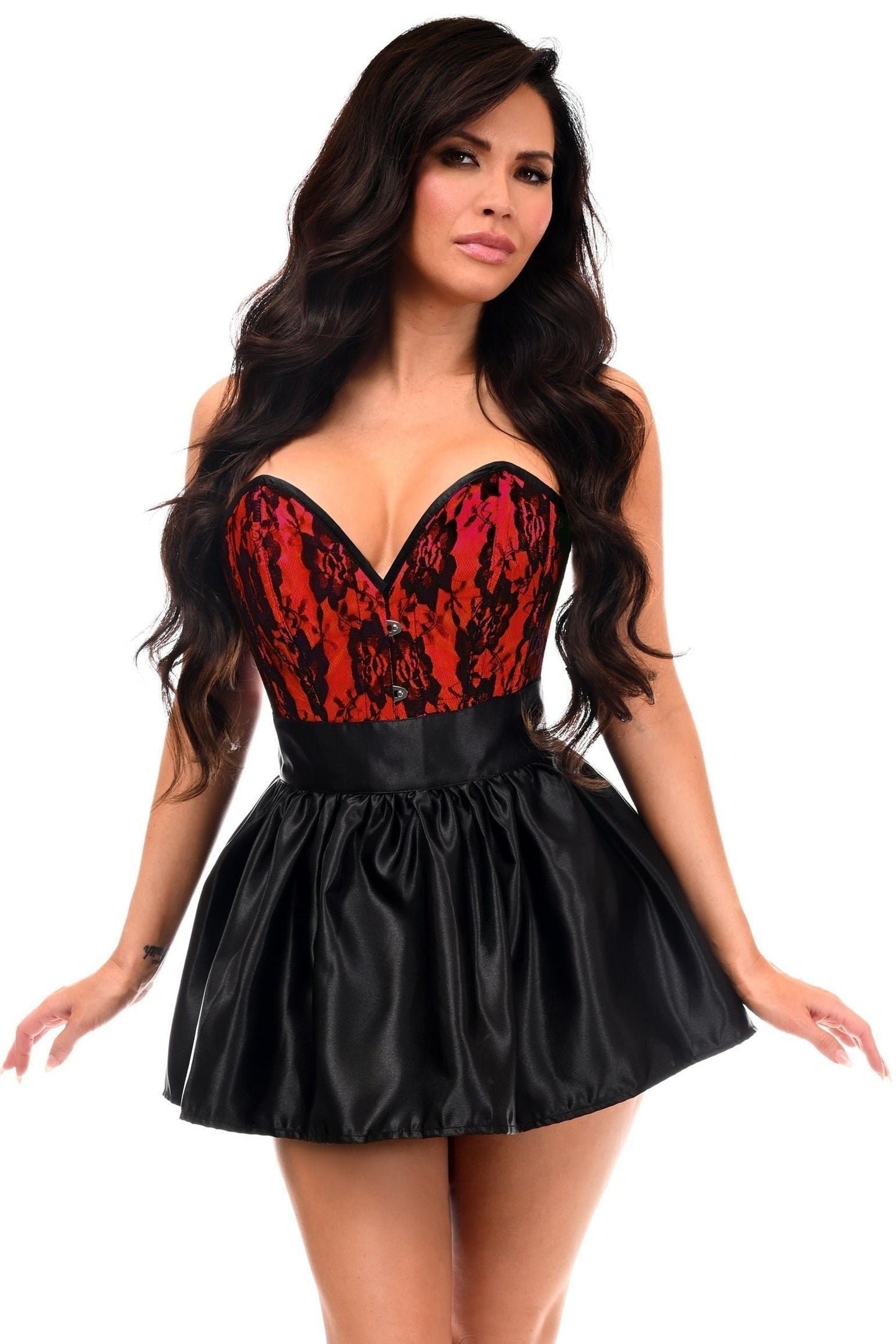 Top Drawer 2 PC Red Lace Steel Boned Corset & Satin Skirt Set