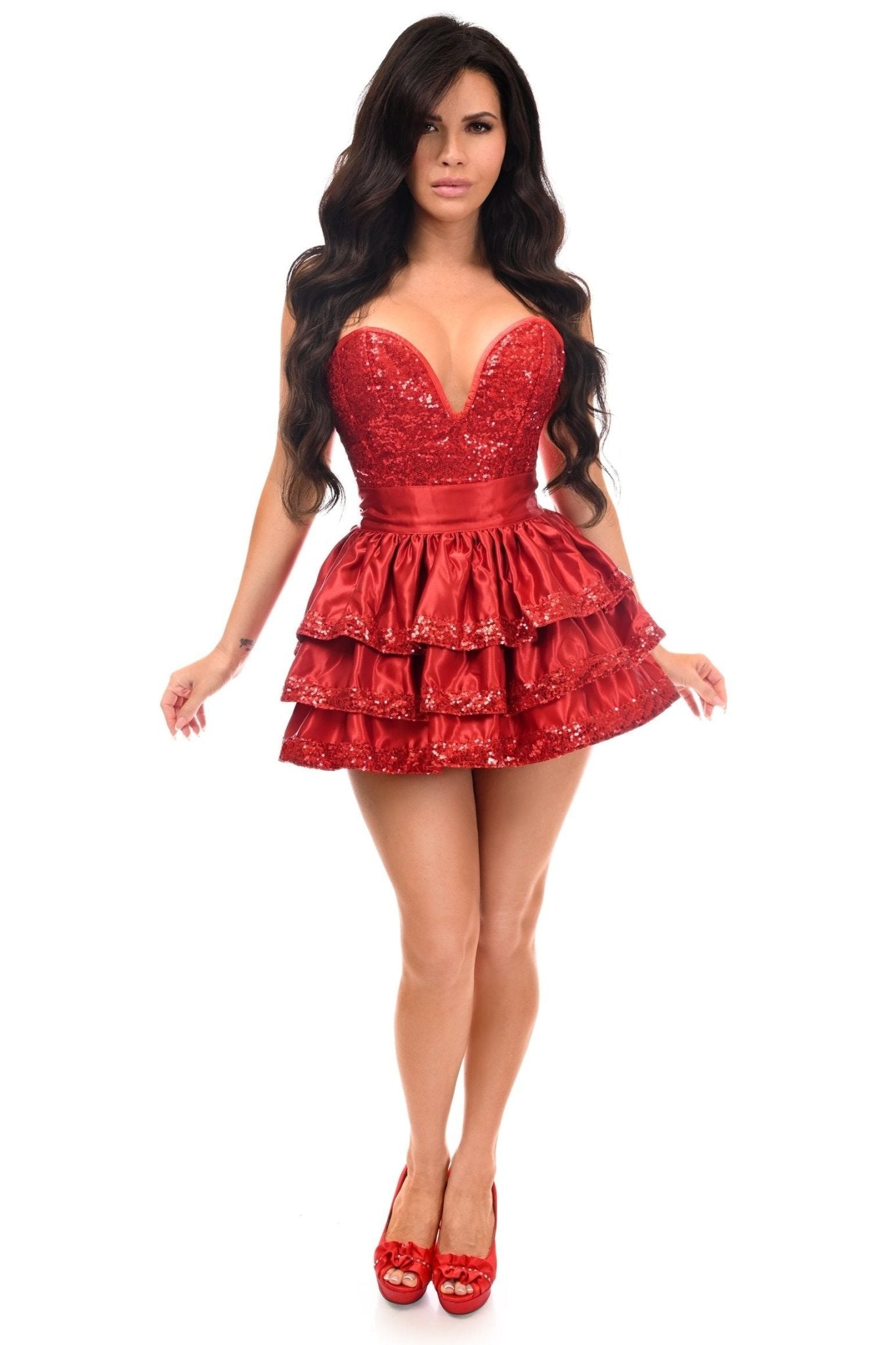Top Drawer 2 PC Red Sequin Steel Boned Corset & Skirt Set