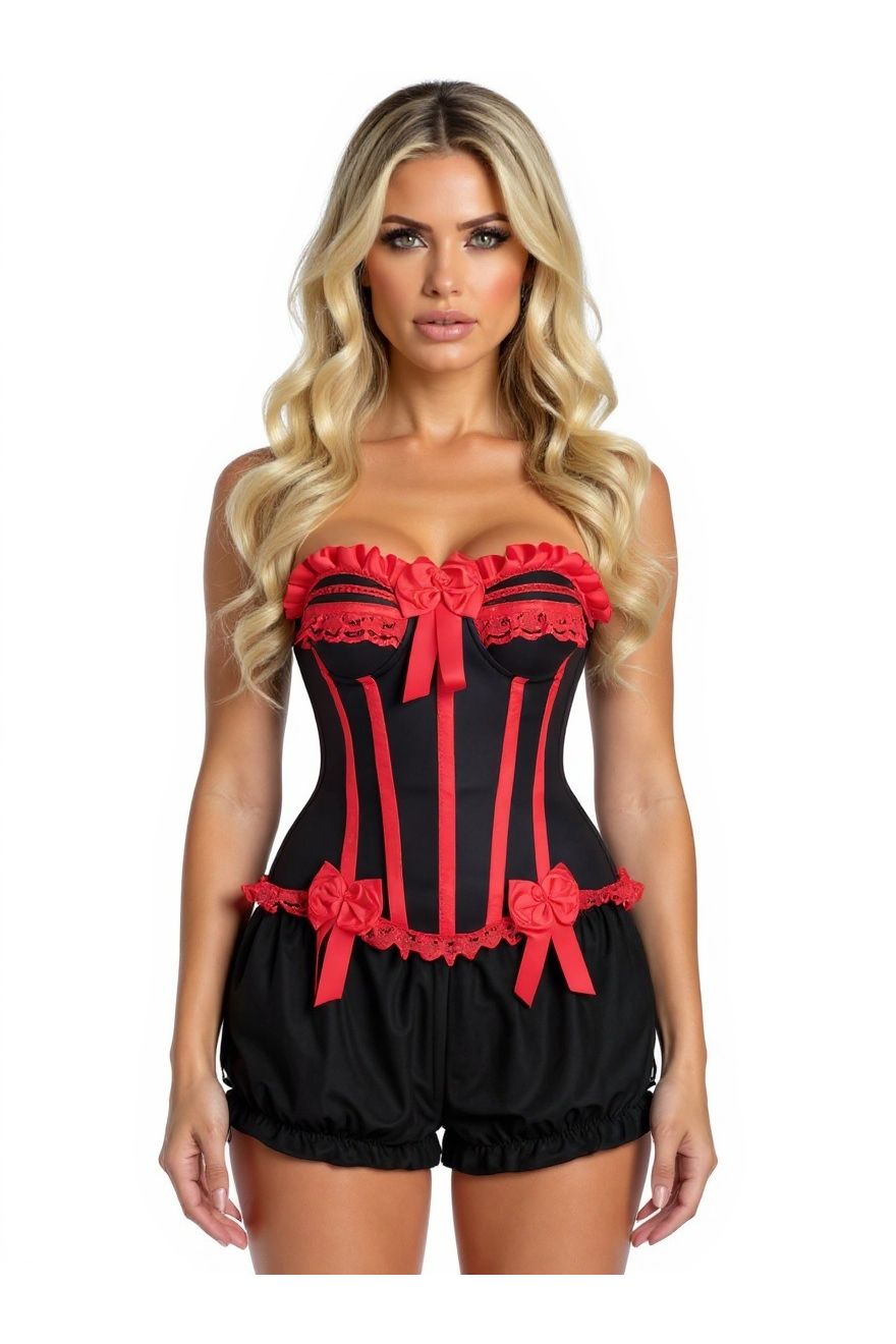 Top Drawer 2 PC Red/Black Burlesque Steel Boned Corset & Bloomer Set