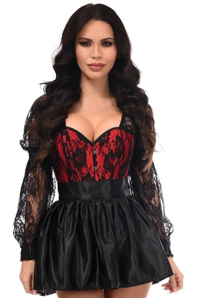 Top Drawer 2 PC Red/Black Lace Steel Boned Corset & Satin Skirt Set