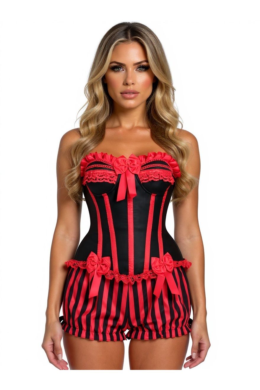 Top Drawer 2 PC Red/Black Striped Burlesque Steel Boned Corset & Bloomer Set