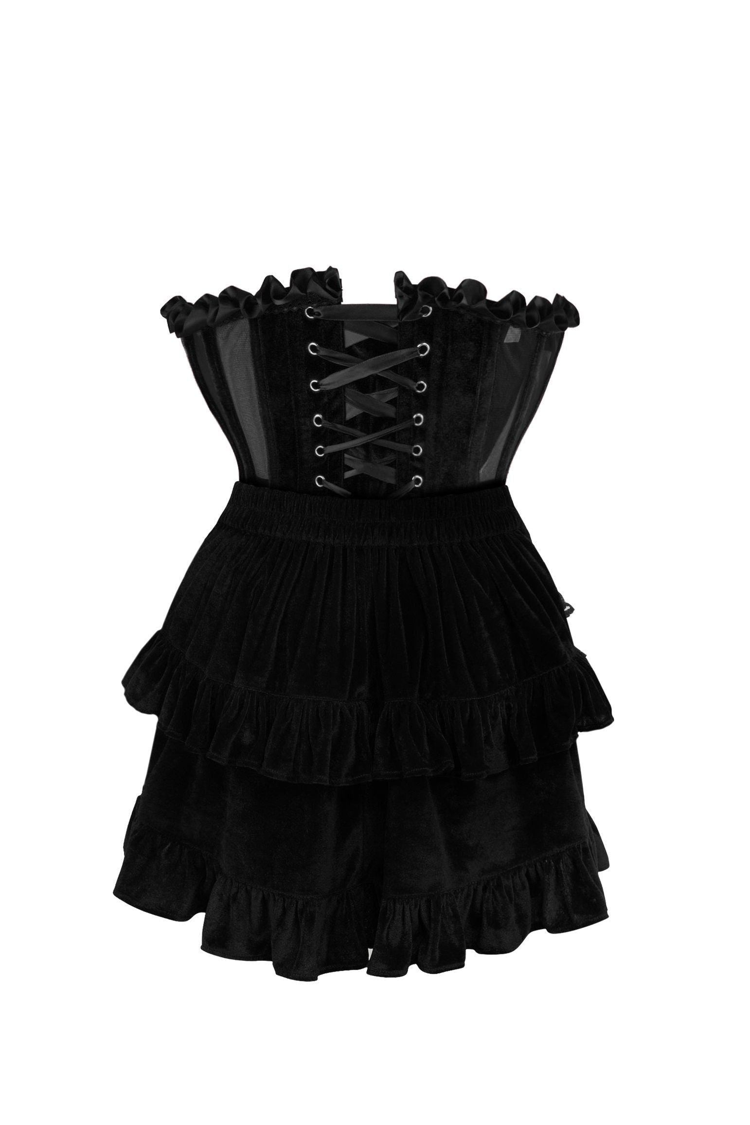 Top Drawer 2 PC Steel Boned Black Mesh & Velvet Underwire Bustier Corset & Skirt Set