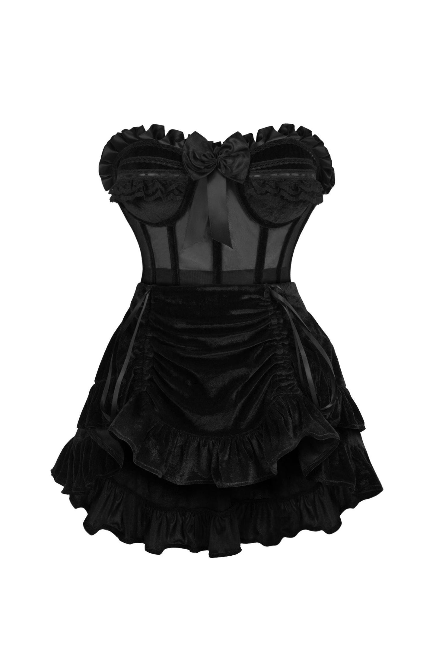 Top Drawer 2 PC Steel Boned Black Mesh & Velvet Underwire Bustier Corset & Skirt Set