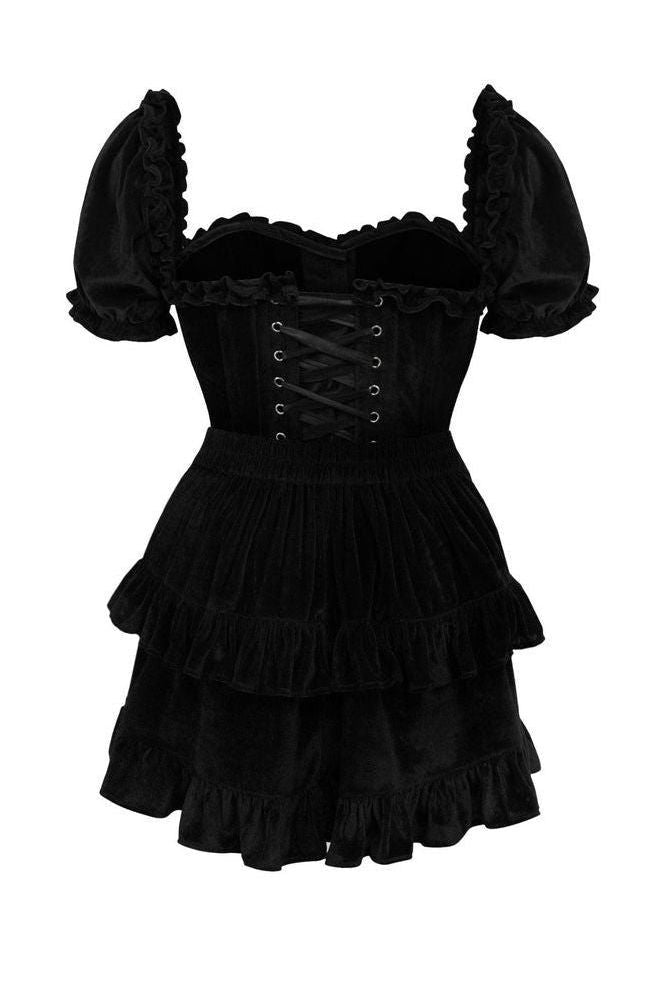 Top Drawer 2 PC Steel Boned Black Velvet Overbust Corset w/Sleeves & Skirt Set
