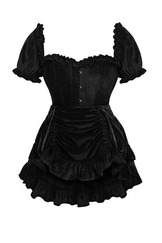 Top Drawer 2 PC Steel Boned Black Velvet Overbust Corset w/Sleeves & Skirt Set