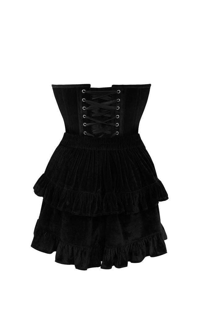 Top Drawer 2 PC Steel Boned Black Velvet Plunge Corset & Skirt Set