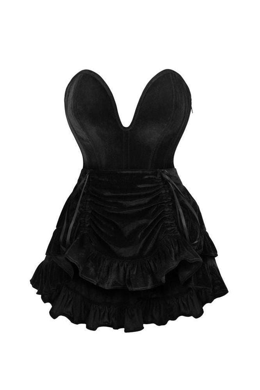 Top Drawer 2 PC Steel Boned Black Velvet Plunge Corset & Skirt Set