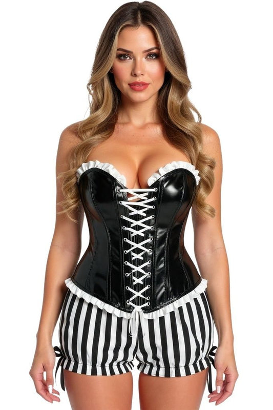 Top Drawer 2 PC Steel Boned Black Vinyl Patent Corset & Striped Bloomers Set