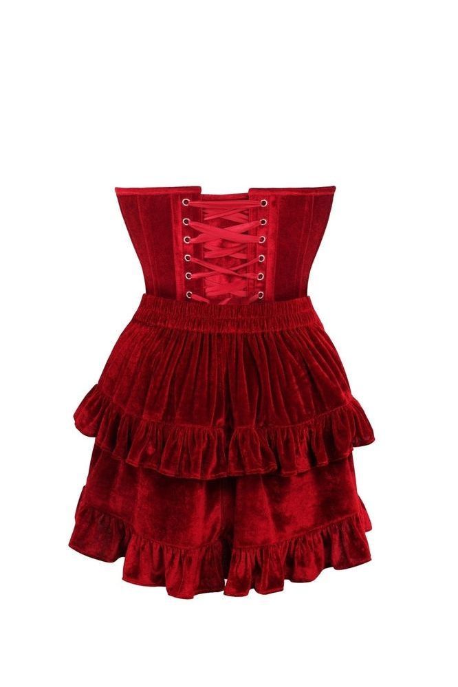 Top Drawer 2 PC Steel Boned Dark Red Velvet Plunge Corset & Skirt Set