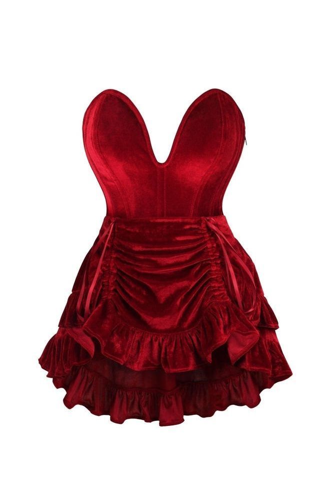 Top Drawer 2 PC Steel Boned Dark Red Velvet Plunge Corset & Skirt Set
