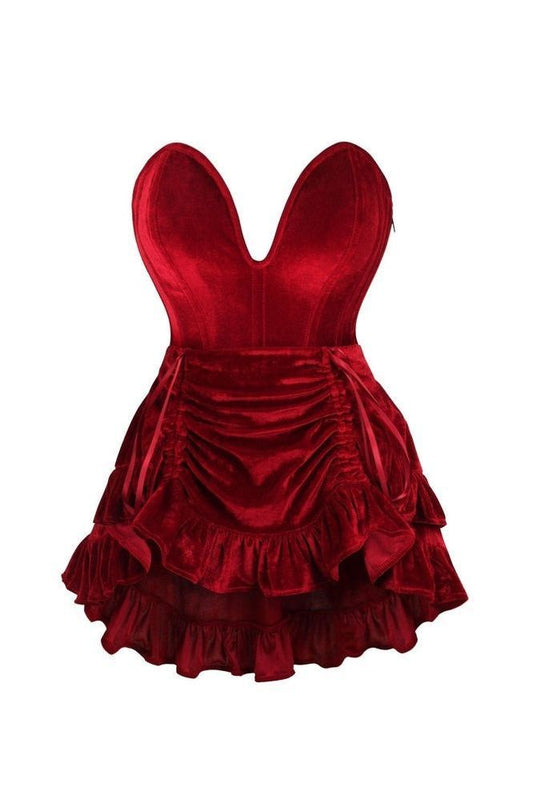 Top Drawer 2 PC Steel Boned Dark Red Velvet Plunge Corset & Skirt Set
