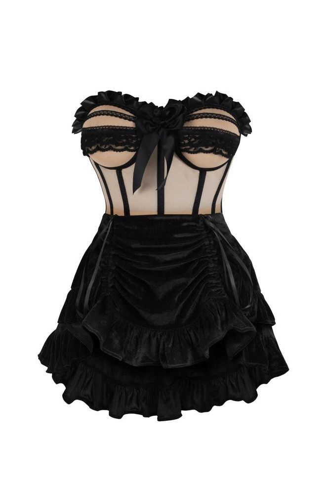 Top Drawer 2 PC Steel Boned Nude & Black Mesh Underwire Bustier Corset & Skirt Set