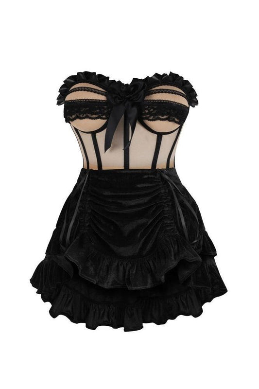 Top Drawer 2 PC Steel Boned Nude & Black Mesh Underwire Bustier Corset & Skirt Set