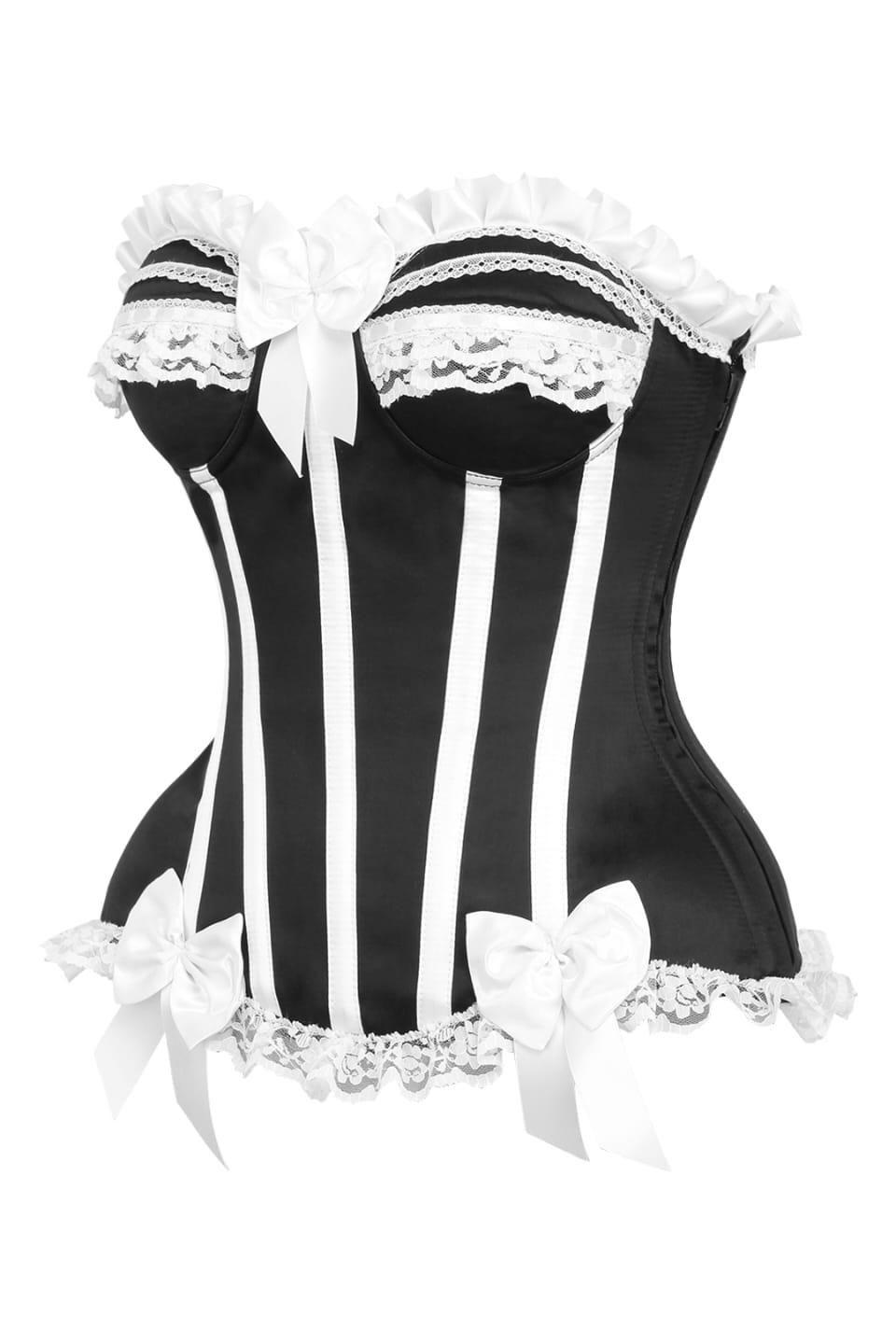 Top Drawer 2 PC White/Black Burlesque Steel Boned Corset & Bloomer Set
