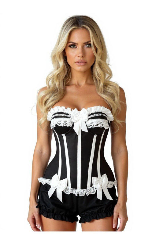 Top Drawer 2 PC White/Black Burlesque Steel Boned Corset & Bloomer Set