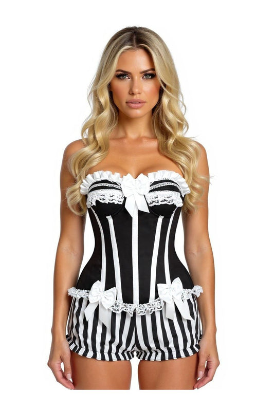 Top Drawer 2 PC White/Black Striped Burlesque Steel Boned Corset & Bloomer Set