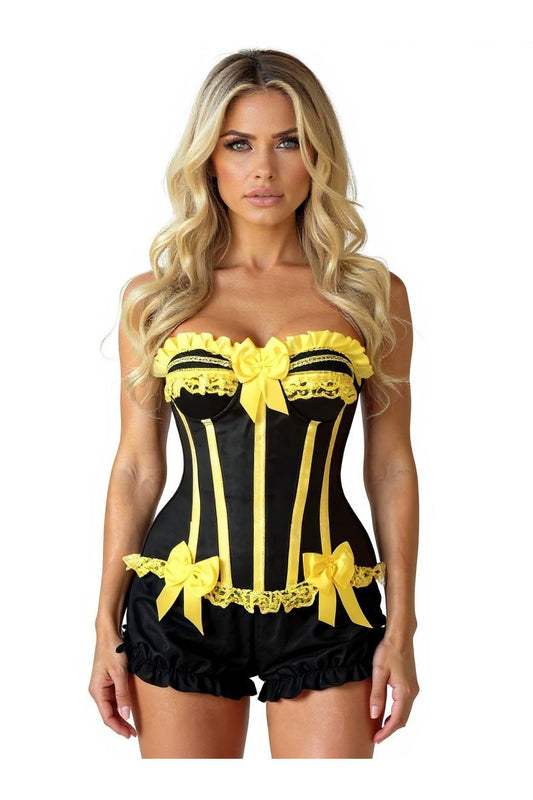 Top Drawer 2 PC Yellow/Black Burlesque Steel Boned Corset & Bloomer Set