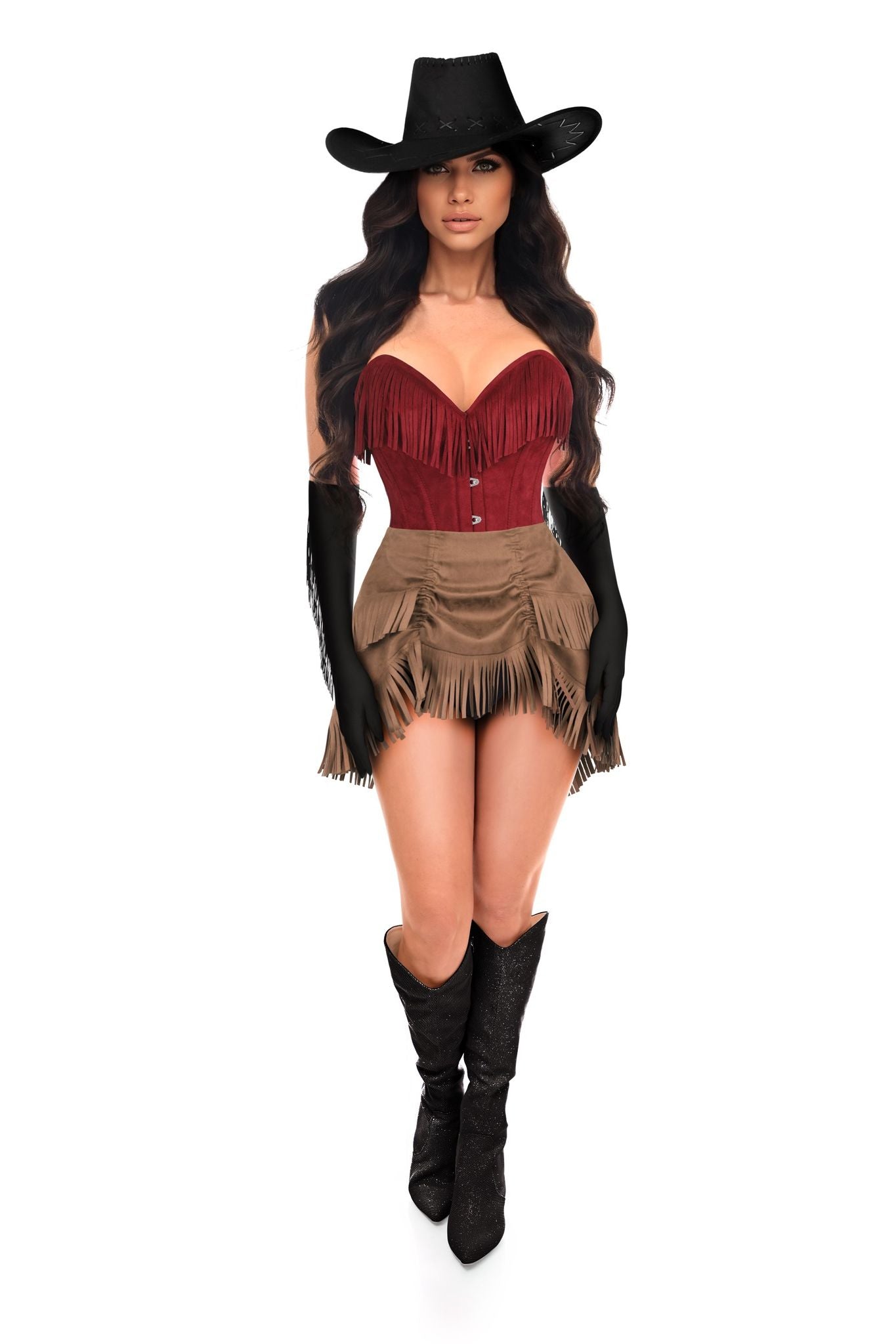 Top Drawer 4 PC Premium Red Suede Fringe Cowgirl Corset Costume