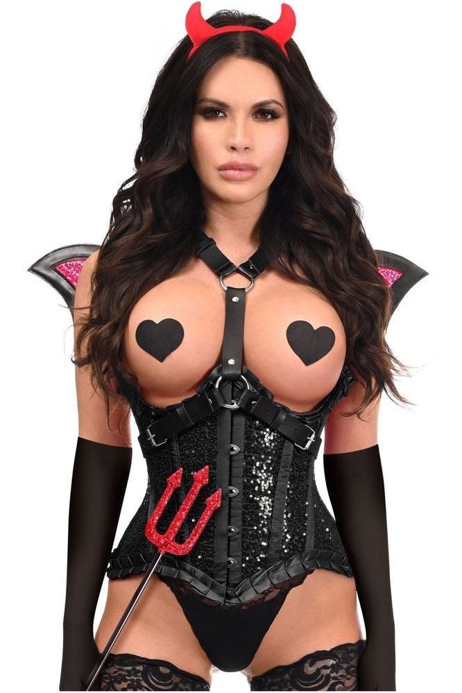 Top Drawer 5 PC Black Sequin Devil Harness Corset Costume