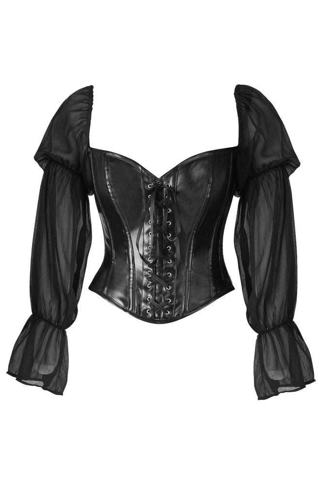 Top Drawer Black Faux Leather Steel Boned Corset w/Sleeves