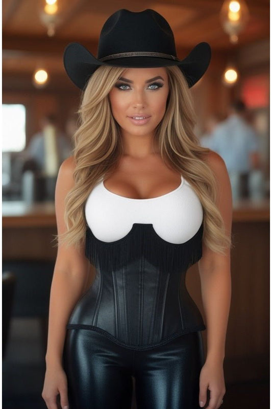 Top Drawer Black Faux Leather Steel Boned Underbust Corset w/Fringe