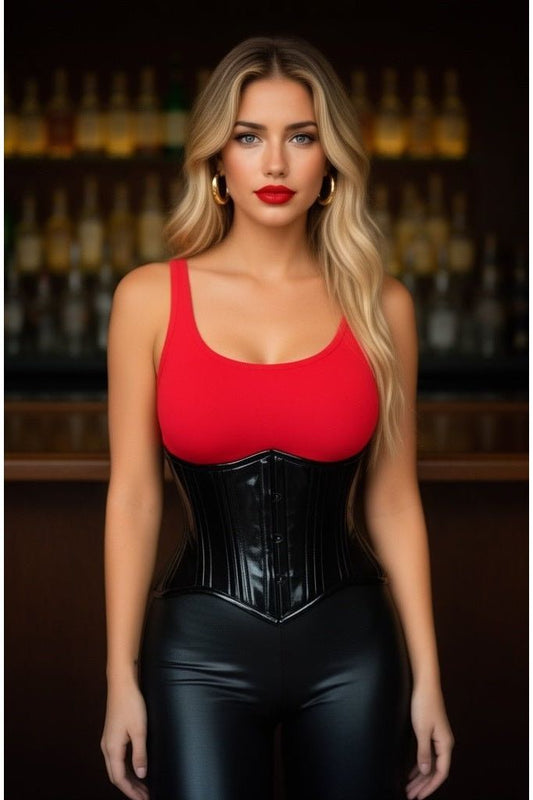 Top Drawer Black Patent PVC Vinyl Double Steel Boned Curvy Cut Waist Cincher