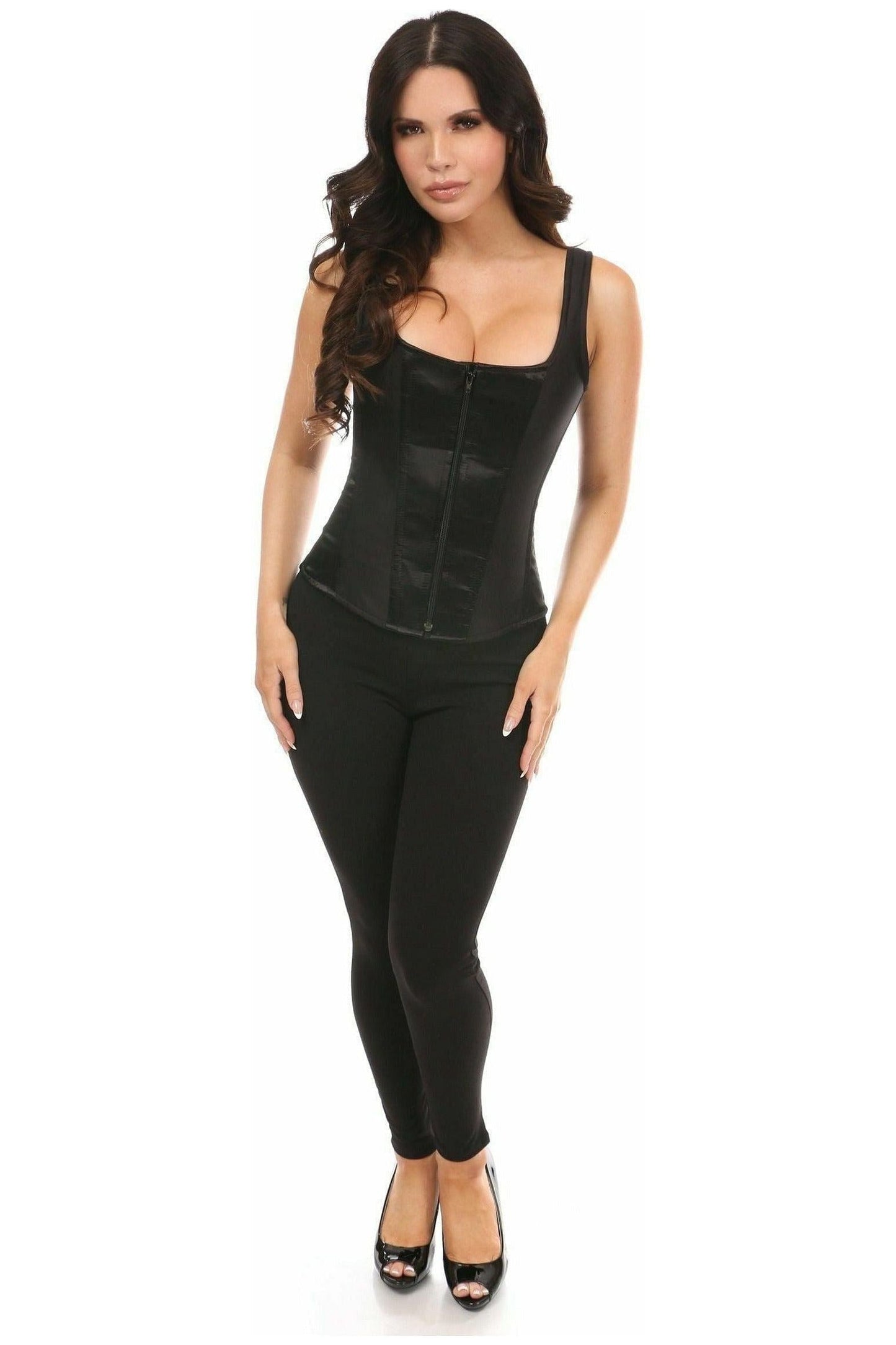 Top Drawer Black Satin Steel Boned Corset w/Straps