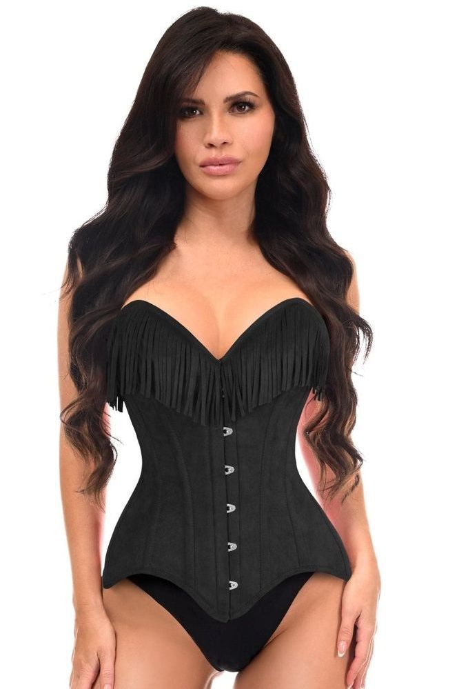 Top Drawer Black Suede Steel Boned Overbust Corset w/Fringe