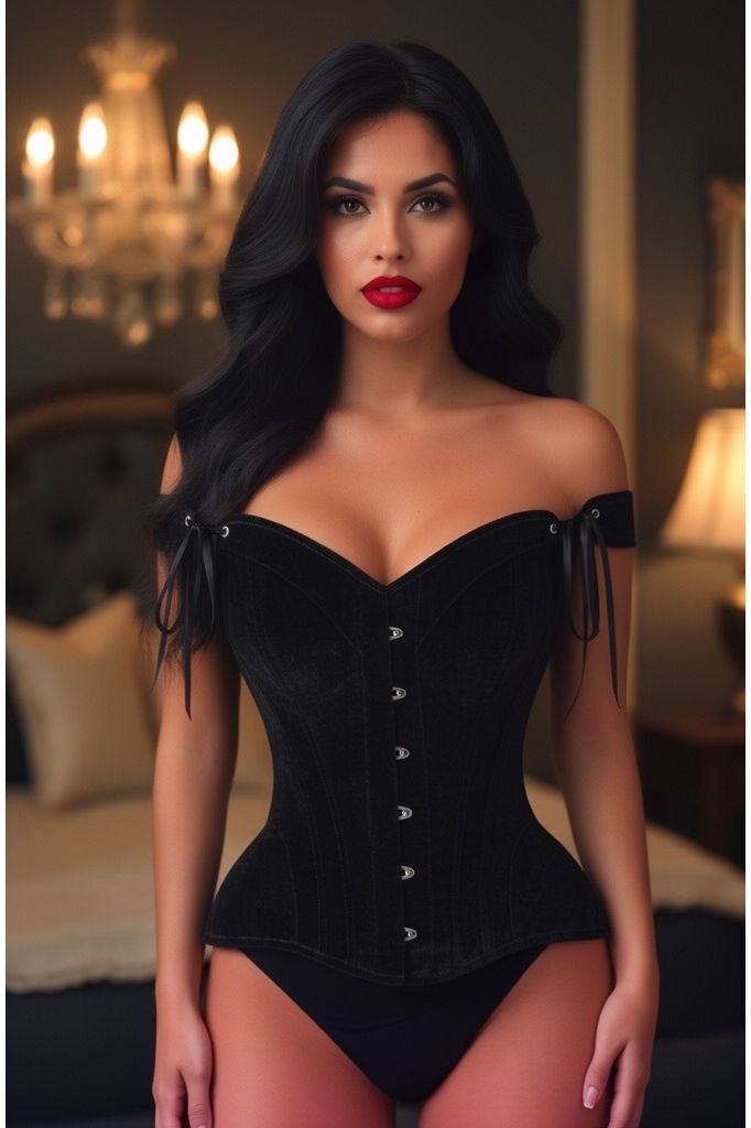 Top Drawer Black Velvet Steel Boned Corset w/Straps