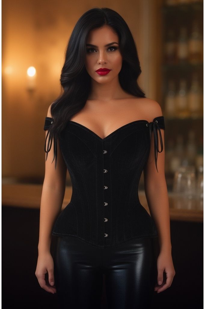 Top Drawer Black Velvet Steel Boned Corset w/Straps
