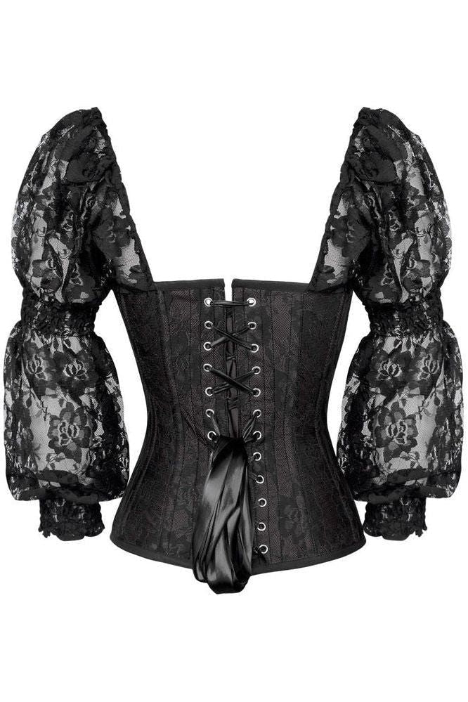 Top Drawer Black w/Black Lace Steel Boned Long Sleeve Corset