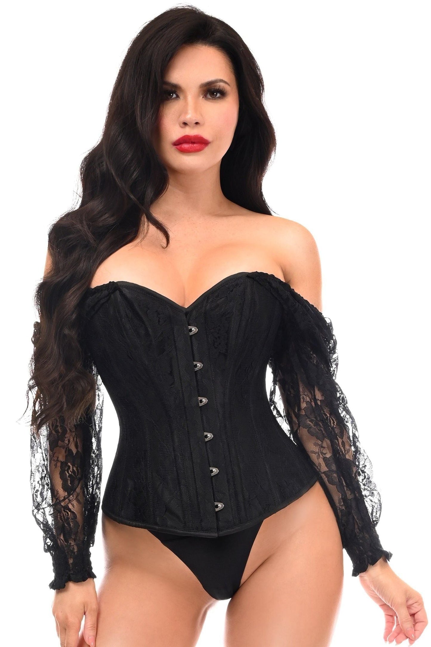 Top Drawer Black w/Black Lace Steel Boned Long Sleeve Corset