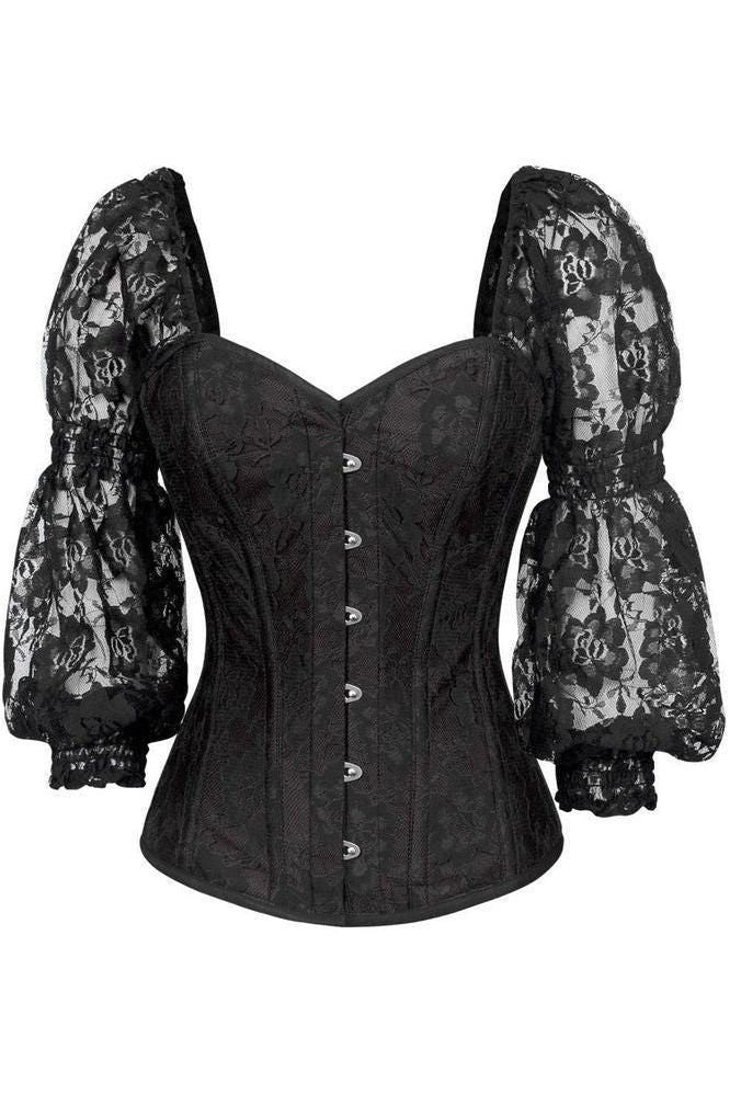 Top Drawer Black w/Black Lace Steel Boned Long Sleeve Corset