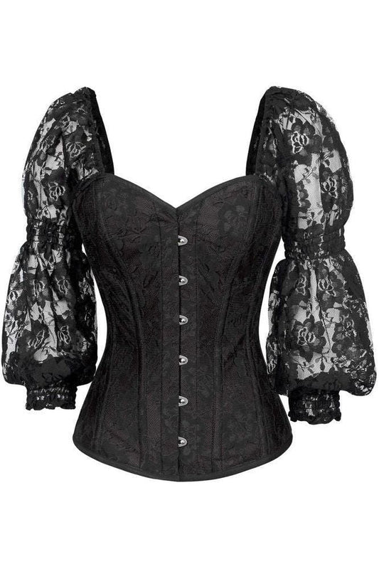 Top Drawer Black w/Black Lace Steel Boned Long Sleeve Corset