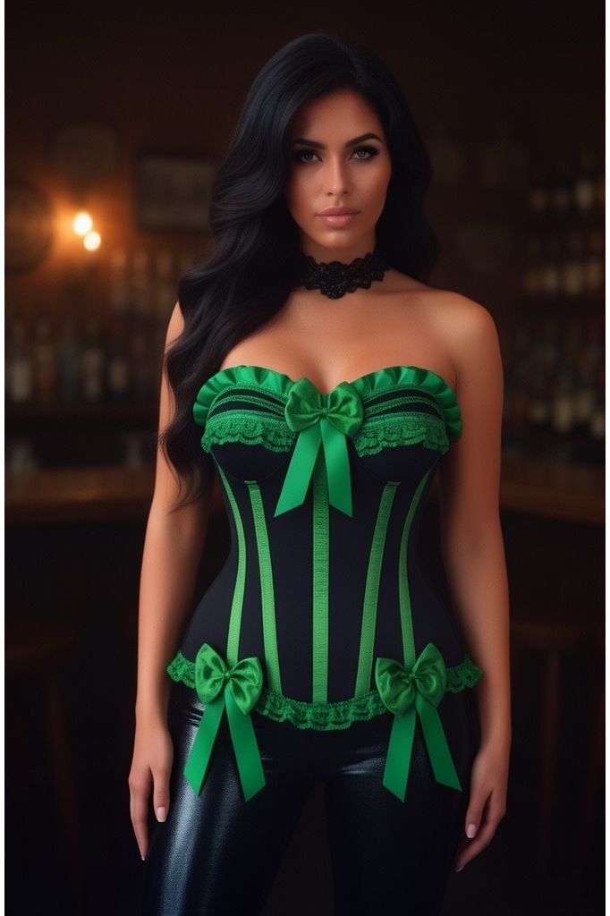 Top Drawer Black/Green Satin Steel Boned Burlesque Corset