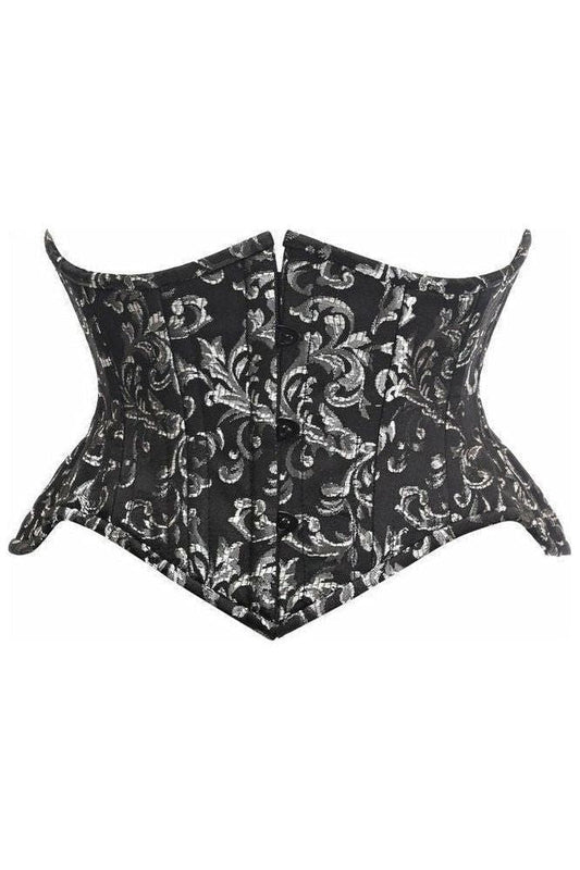 Top Drawer Black/Silver Brocade Double Steel Boned Mini Cincher Corset