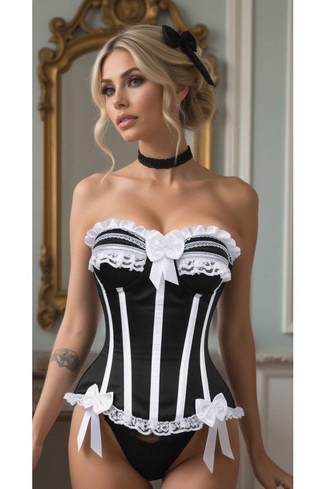 Top Drawer Black/White Steel Boned Burlesque Corset