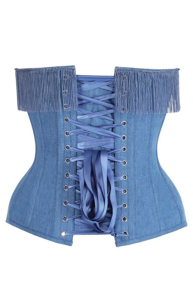 Top Drawer Blue Denim Steel Boned Overbust Corset w/Fringe