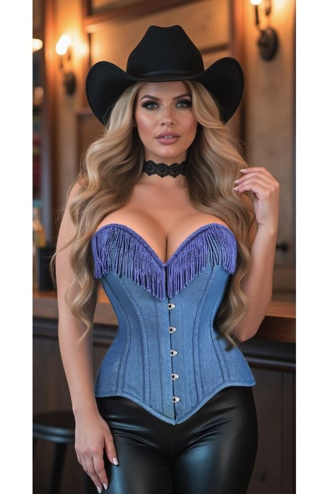 Top Drawer Blue Denim Steel Boned Overbust Corset w/Fringe