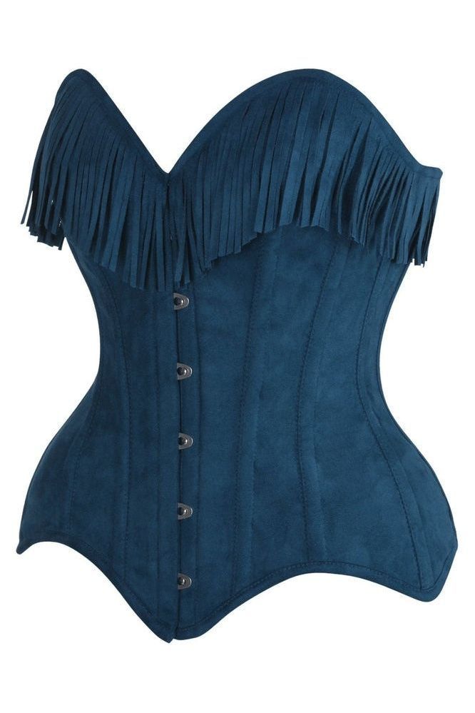 Top Drawer Blue Suede Steel Boned Overbust Corset w/Fringe