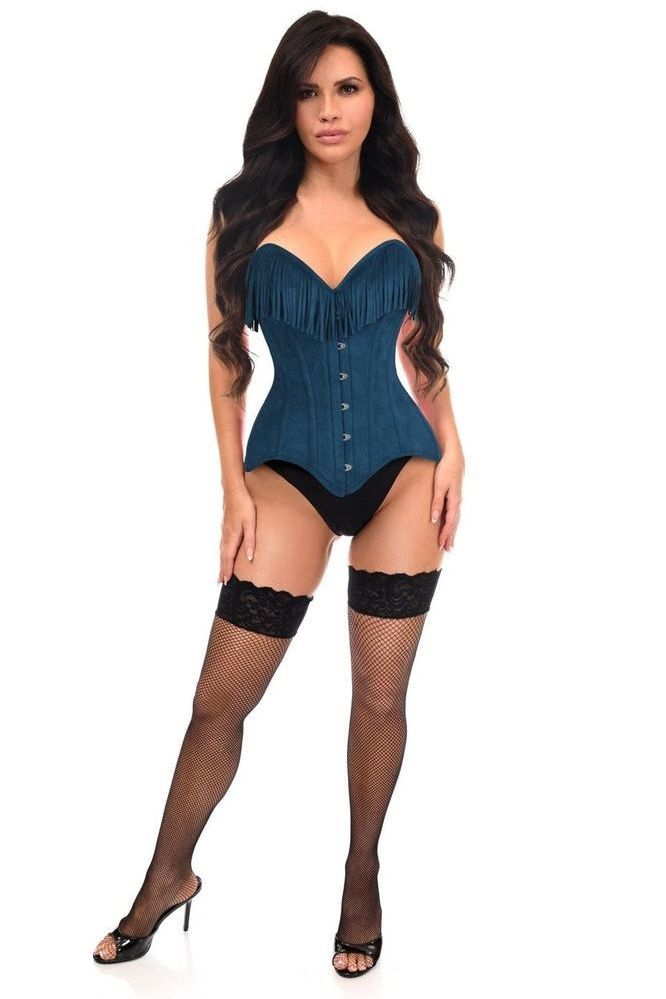 Top Drawer Blue Suede Steel Boned Overbust Corset w/Fringe
